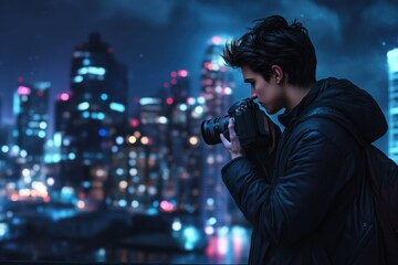 Young photographer capturing the city skyline at night with a camera in hand