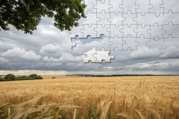 Puzzle revealing blue sky over golden wheat field in daylight