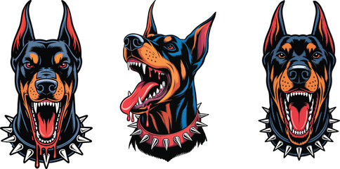 A set of Dobermann dog angry Faces Clipart, Different types flat vector illustration. © Madusanka
