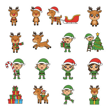 Christmas Reindeer and Elf Vector Set &ndash; 16 Unique Holiday Characters in Flat Cartoon Style