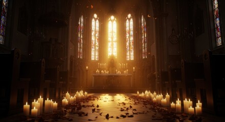 Warm light illuminates an atmospheric chapel interior with glowing stained glass windows, numerous lit candles and scattered rose petals creating a spiritual and solemn scene.