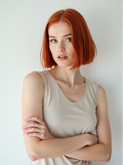 Woman with red hair looking at camera against a neutral background