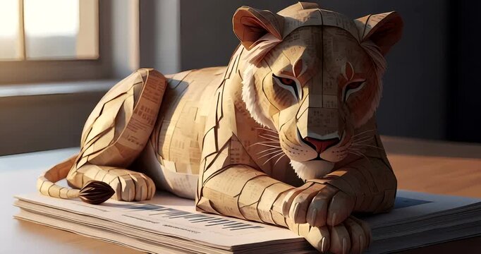 Wooden lion sculpture resting on a stack of newspapers by a sunlit window