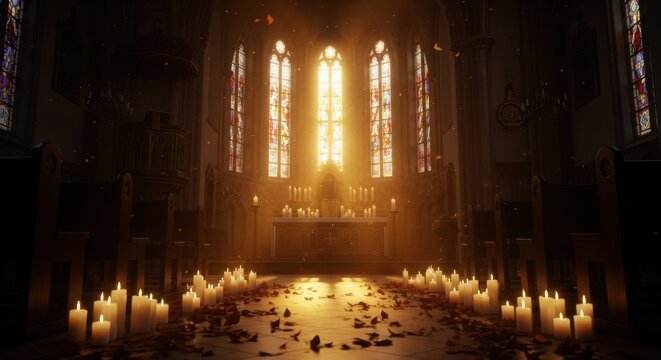 Warm light illuminates an atmospheric chapel interior with glowing stained glass windows, numerous lit candles and scattered rose petals creating a spiritual and solemn scene.