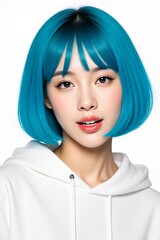 Woman with vibrant blue hair in a white hoodie against white background