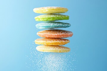 Rainbow colored pancakes floating with powdered sugar