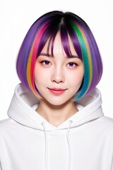 Woman with vibrant multicolored hair portrait against white background
