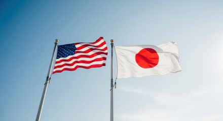 US and Japan national flags flying together against a bright blue sky, representing international alliance, partnership, and global relations.