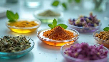 Various herbal extracts in glass plates. Different types of herbs flowers, powders for alternative medicine, cosmetics. Naturopathy concept. Herbal medicine ingredients in research lab. Homeopathy,