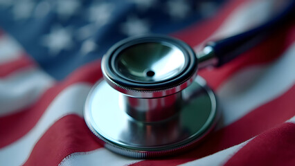 A close-up of a stethoscope resting on the stars and stripes of a waving American flag, with a soft, warm light source.