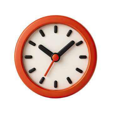 Close up of a small round orange alarm clock showing time on a white face with black hands isolated on transparent background