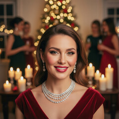 Beautiful woman in red velvet dress posing in front of a decorated Christmas tree with candles.