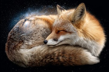 Red fox in peaceful sleep under ethereal nebula glow