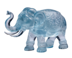 Majestic blue elephant ice sculpture with ornate carving. beautiful frozen art decoration and figurine isolated on transparency background, symbolizing good luck and wildlife