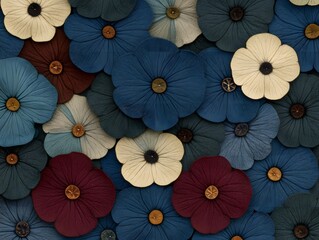 Fabric flower background with a variety of flower colors and textured material.