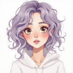 Young woman with curly hair in white hoodie digital portrait