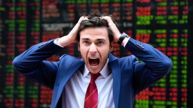 A young trader expresses intense frustration amidst the unpredictable stock market activity. He stands in a busy financial district surrounded by digital displays