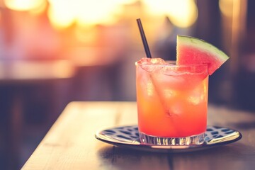 Refreshing iced watermelon cocktail in a glass on an outdoor table