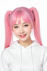 Young woman with pink hair and pigtails in a white hoodie portrait
