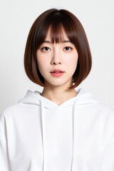 Young woman with short brown hair in a white hoodie against a white background