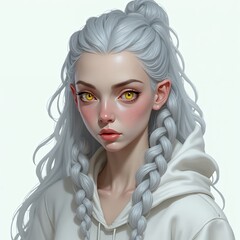 Young woman with silver hair and golden eyes portrait on white background