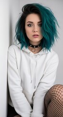 Young woman with teal hair leans against a wall looking at the camera