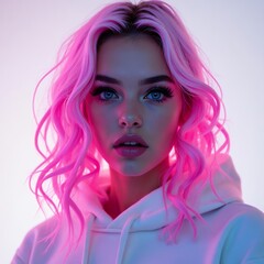 Young woman with vibrant pink hair in a studio setting beauty portrait