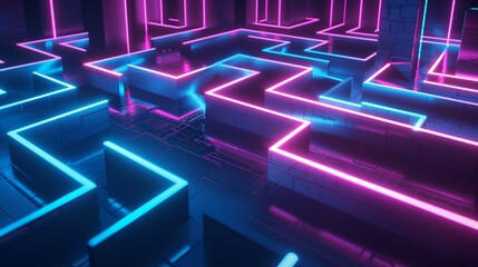 Glowing neon path leading through dark 3D maze, futuristic abstract concept.