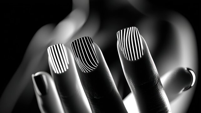 Hand with striped nails in black and white close up abstract photography