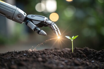 Robotic hand delicately nurturing a young plant seedling