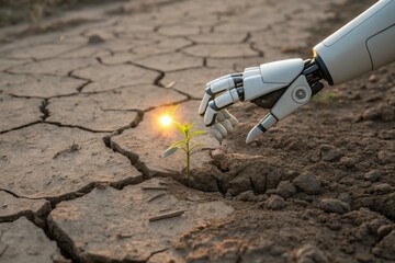 Robotic Hand Gently Tending to a Sapling Emerging from Earth