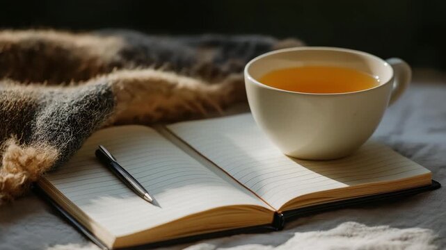 A relaxing scene depicts a cup of tea next to an open journal on a soft blanket, inviting reflection and warmth, ideal for moments of peace and inspiration.