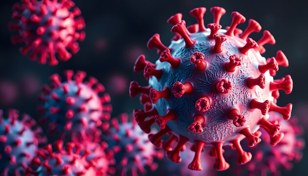 A fractal space illustration with pink and red texture shows 3D rendered virus shapes and colorful red blood cells