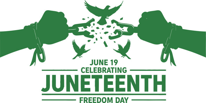 Celebrate juneteenth freedom day with broken chains and birds