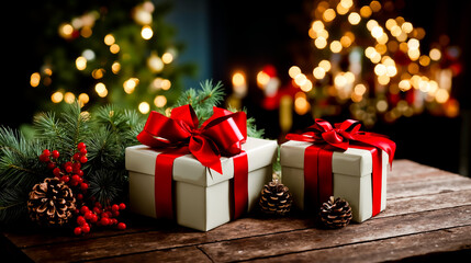 Two white gift boxes with red ribbons and bows on a wooden table
