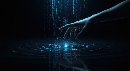 Futuristic human hand interacting with glowing blue digital data stream, creating ripples. AI, big data, technology connection concept.