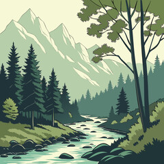 Serene mountain landscape with a winding river and evergreen forest in a stylized illustration