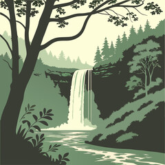 Stylized illustration of a majestic waterfall cascading into a serene river surrounded by lush green forest and trees