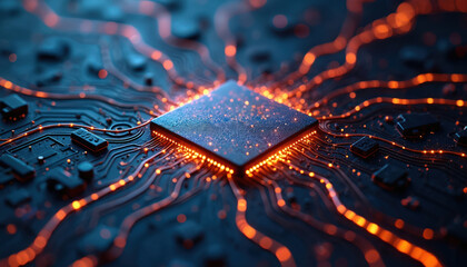 Close-up of computer chip on circuit board with glowing orange lights. Microchip with bright pathways on electronic component. Semiconductor with data transmission on modern tech hardware.
