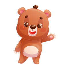Funny happy cute bear waves his paw in greeting on a white background. Cartoon children's vector illustration for the design of postcards, cards, clothes, textiles, stickers.