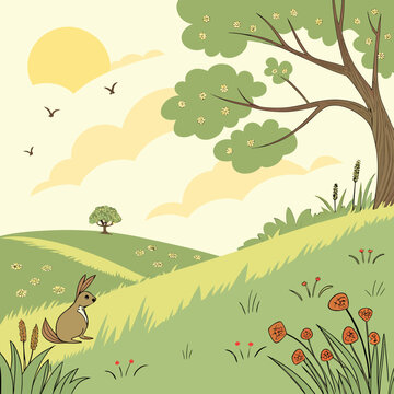 Charming cartoon illustration of a rabbit sitting in a lush green meadow with rolling hills and a blooming tree