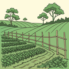 Green rolling farmland with rows of crops and a rustic wooden fence under a clear sky