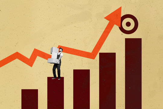 Collage with person observing rising arrow symbolizing startup growth business income statistics trading decrease increase