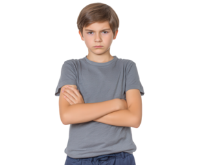 Portrait of sad, angry, upset caucasian boy with defiant expression. stubborn child with folded arms feeling frustrated and looking at camera isolated on white