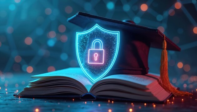 Digital shield with padlock protects academic cap on open book. Concepts of safe online learning education and data protection in virtual study environments.