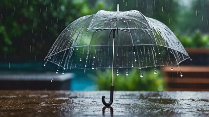 Transparent umbrella under rain against water drops splash background; rainy weather concept.