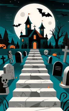 Halloween night castle flat illustration background wallpaper