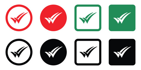 Set of check mark icons in different styles—red, green, black, circle and square backgrounds. Perfect for concepts like approval, validation, selection, and completed tasks.