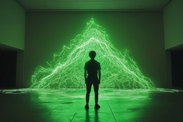 Silhouette of person observing luminous green energy installation