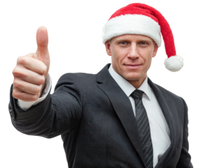 Happy businessman in Santa hat gives thumbs up for Christmas holiday success. Confident adult male in suit showing positive gesture of approval and celebration